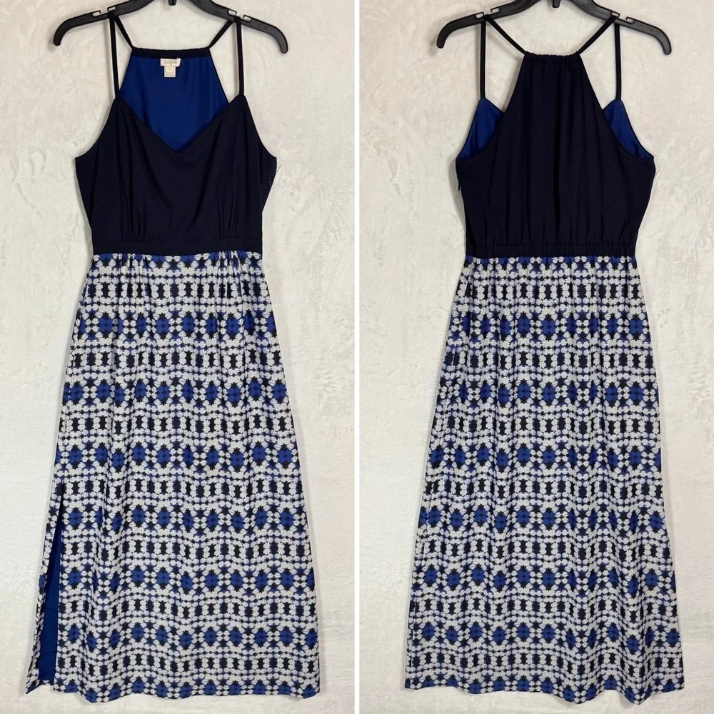 J.CREW Racerback Maxi Dress‎ Size 2 Blue Tie Dye Casual Boho Retro Coastal Slit